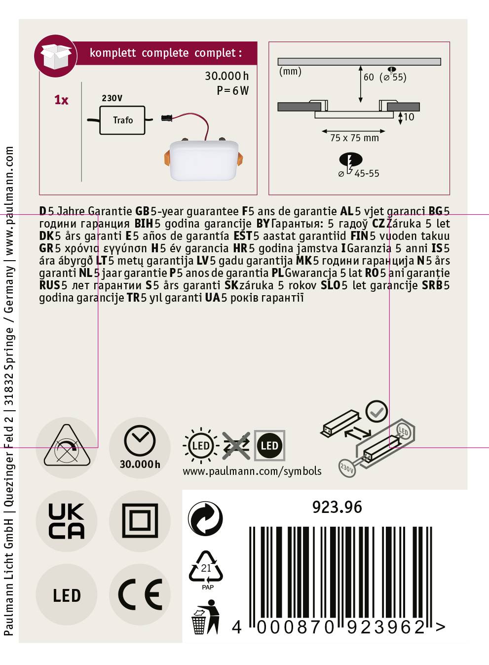 Obal 'Osram LED Retrofit Classic A E27' vo viacerých jazykoch, zobrazujúci informácie o záruke, energetickej spotrebe, veľkosti a symboly.