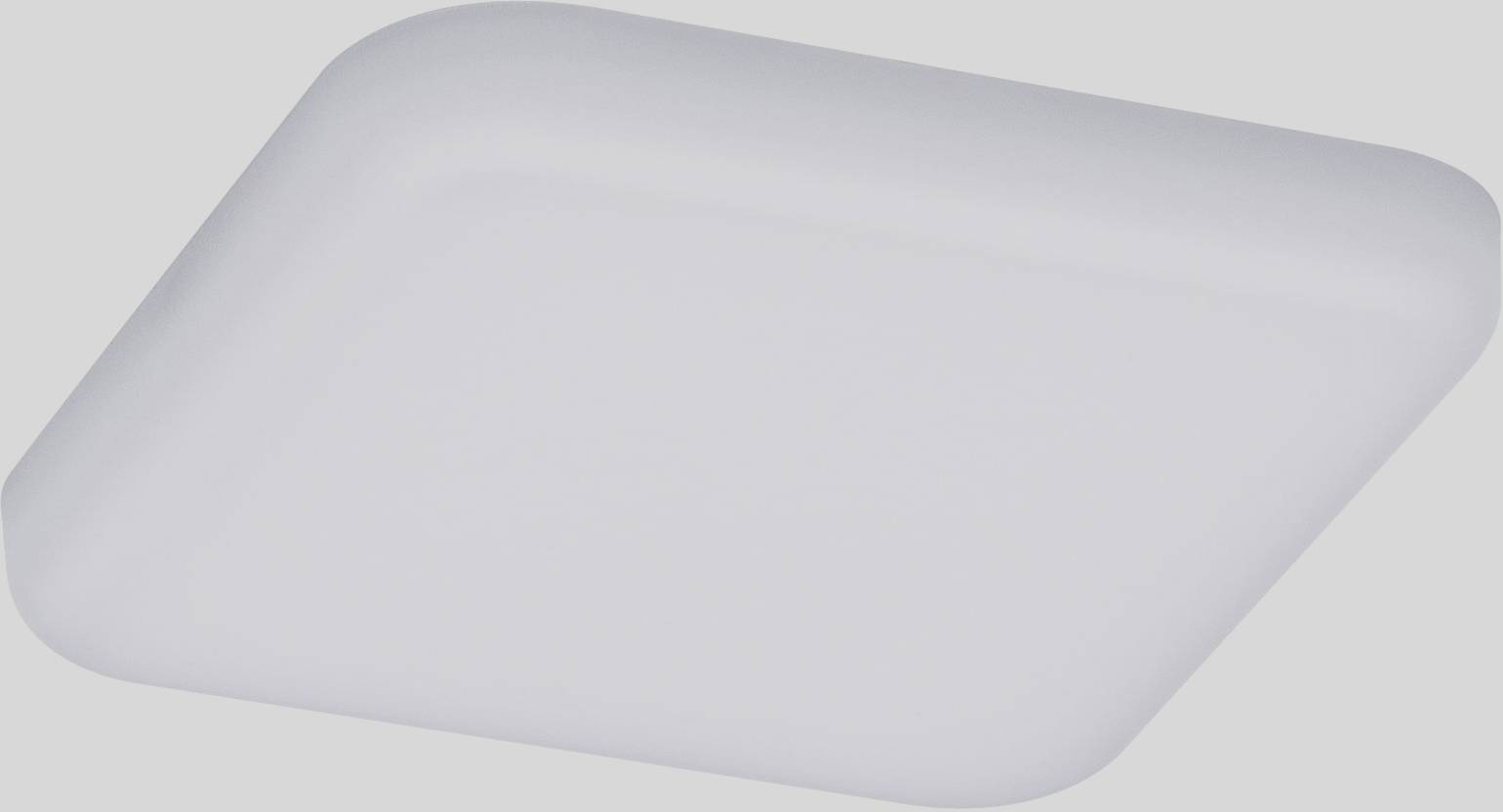 Biela, štvorcová stropná lampa so zaoblenými rohmi, jednoduché dizajnové riešenie, vhodné do moderných interiérov.