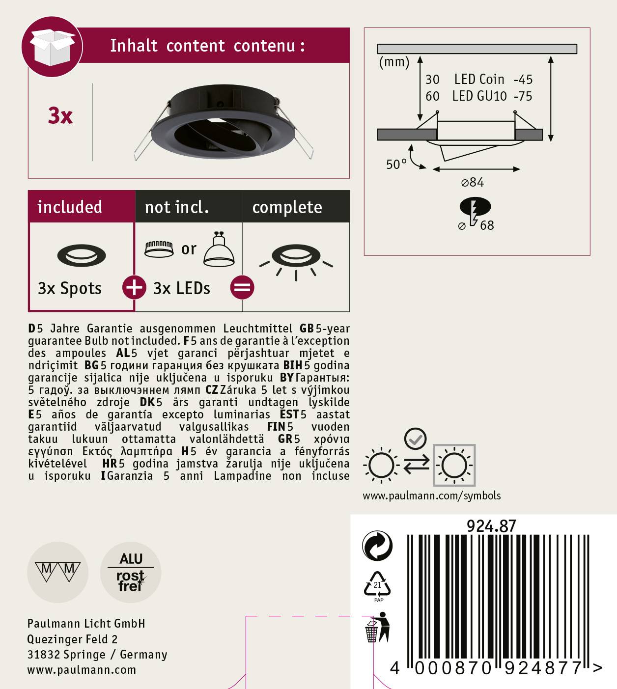 Zapustená sada bodových svetiel do stropu: 3 bodové svetlá, vrátane 3 LED, 5 rokov záruka. Vhodné pre 50 mm LED alebo halogénové žiarovky. Priemer 84 mm.