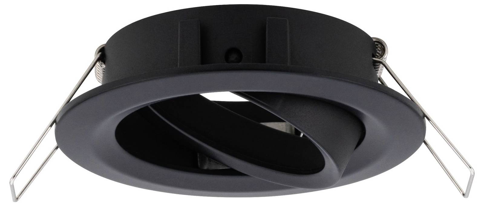 Čierny LED podhľadový svetlomet z kovu s nastaviteľným prsteňom pre zameranú stropnú svetelnú inštaláciu v modernom dizajne.
