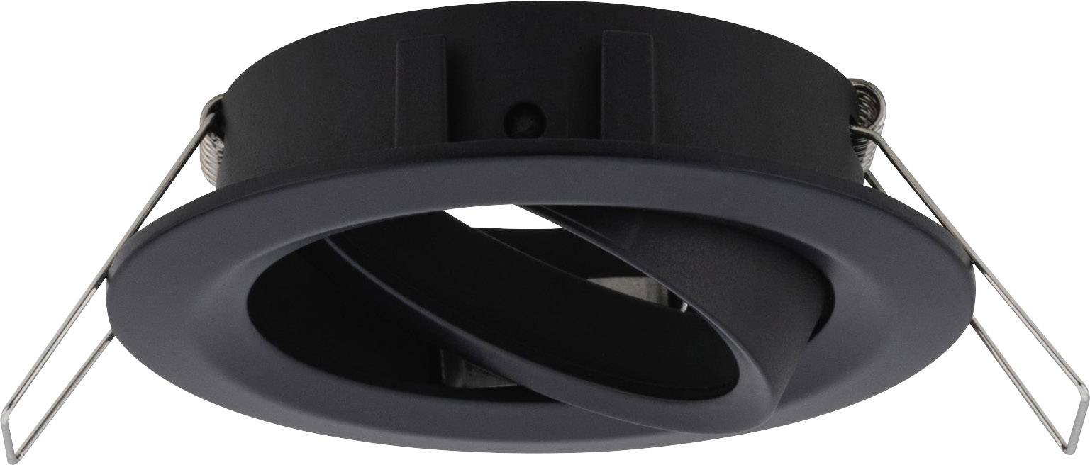 Čierny, guľatý vstavaný reflektor s nastaviteľným vnútorným krúžkom a dvoma bočnými kovovými svorkami na upevnenie.