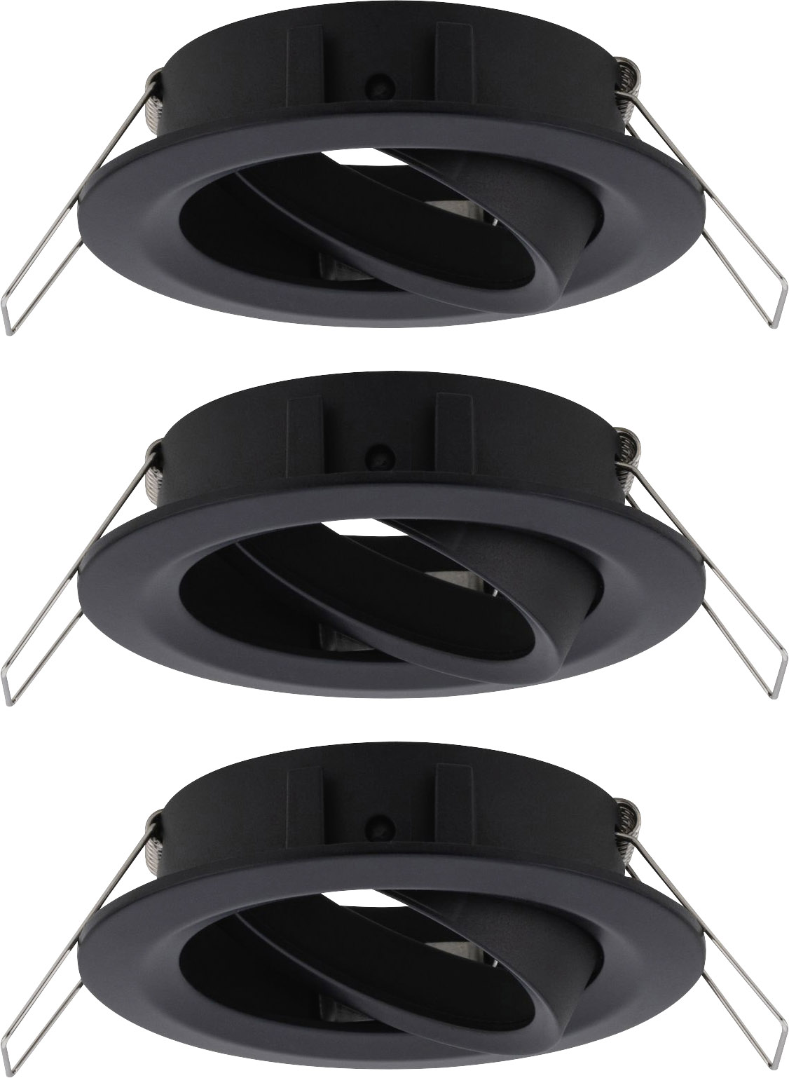 Tri čierne, okrúhle podhľadové svietidlá s nastaviteľným vnútorným krúžkom, vhodné na stropnú montáž, prezentujú moderné svetelné riešenia.