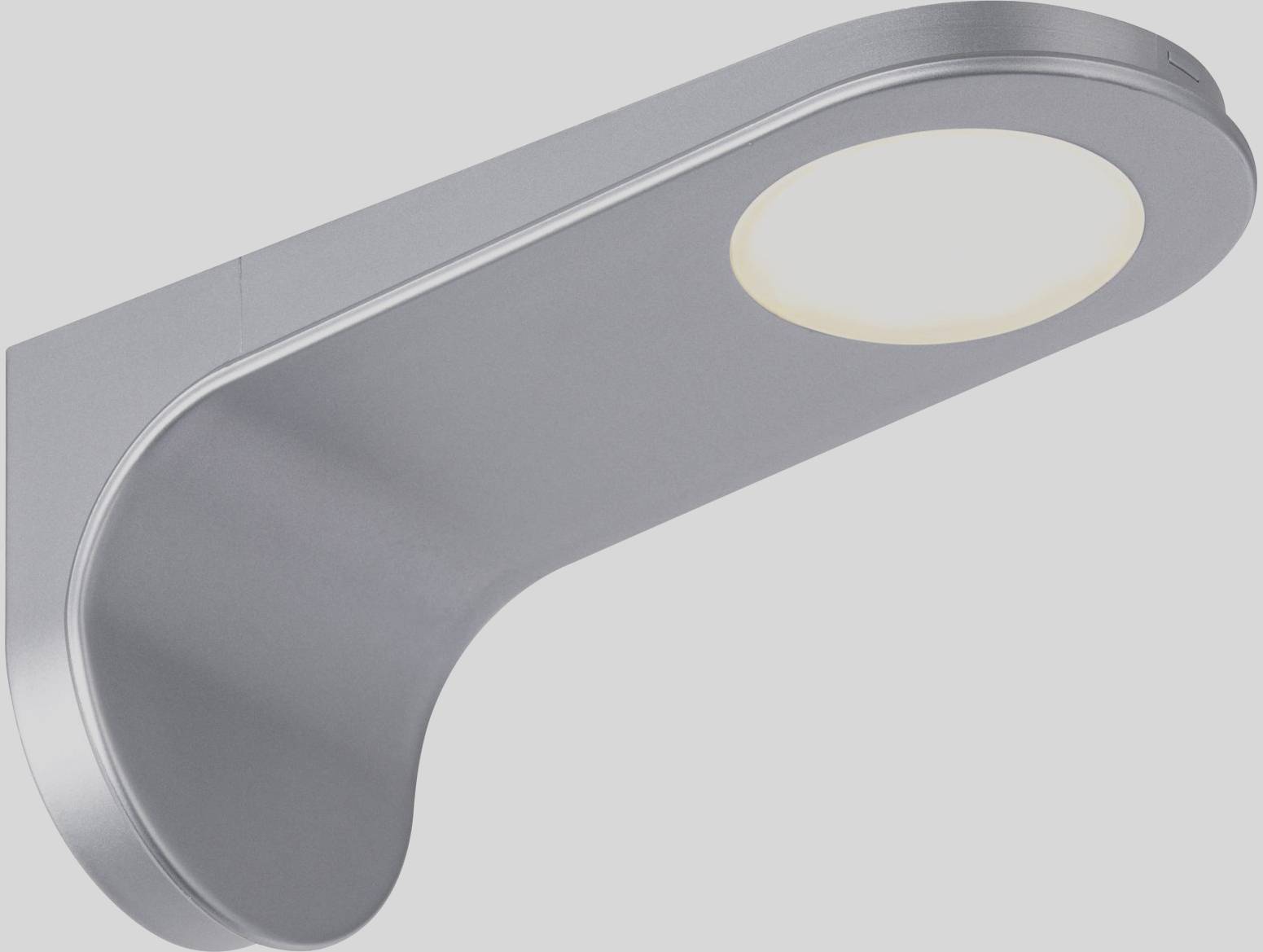 Moderná strieborná nástenná lampa s okrúhlou LED žiarovkou, s polkruhovým zakrivením. Vhodná pre interiérovú ilumináciu.