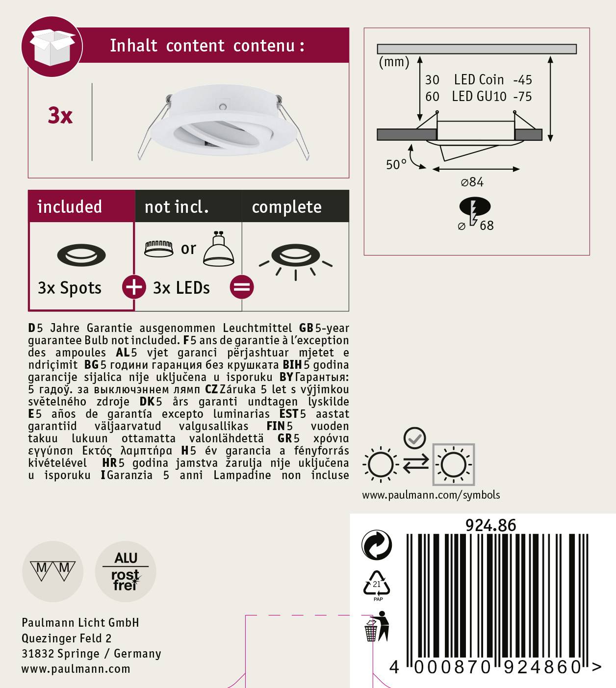 'Vstavaná lampa 3x' s LED, 5 rokov záruka. Vrátane 3x objímky, 3x LED. Diagram znázorňuje rozmery. Výrobca Paulmann, vyrobené v Nemecku.