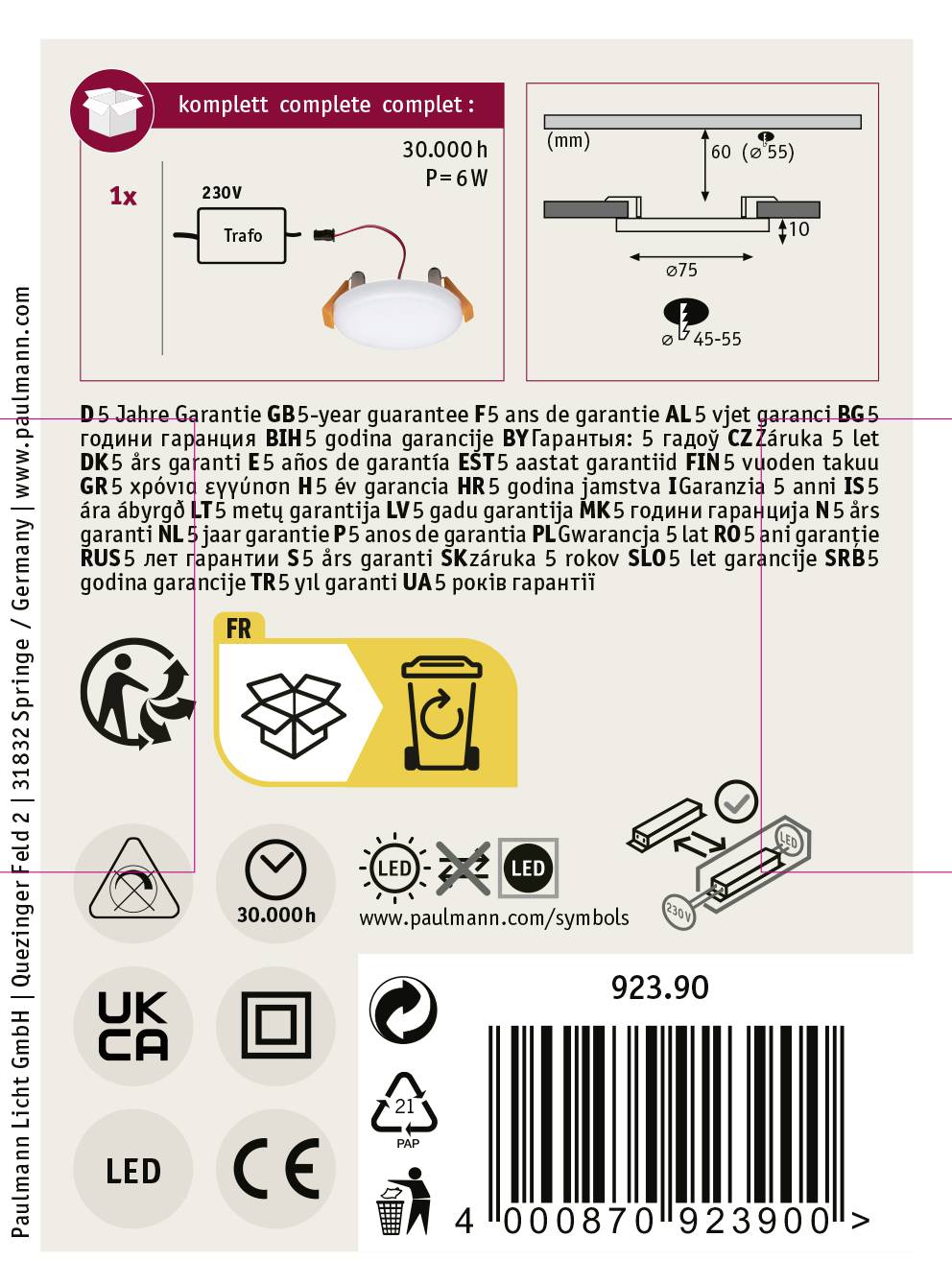 'LED svietidlo s transformátorom, životnosť 30.000 hodín, 1 kus. Obsahuje symboly pre recykláciu, záruku, označenia CE a UKCA.'