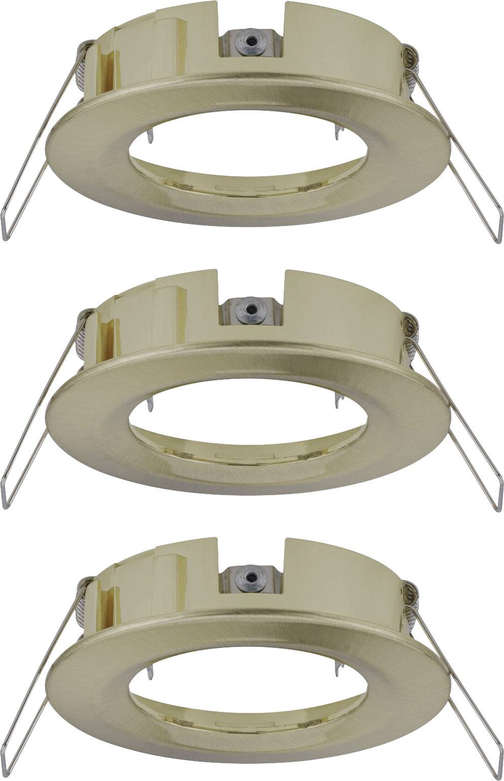 Tri okrúhle zlaté zapustené rámčeky pre stropné svietidlá v zvislom rade.