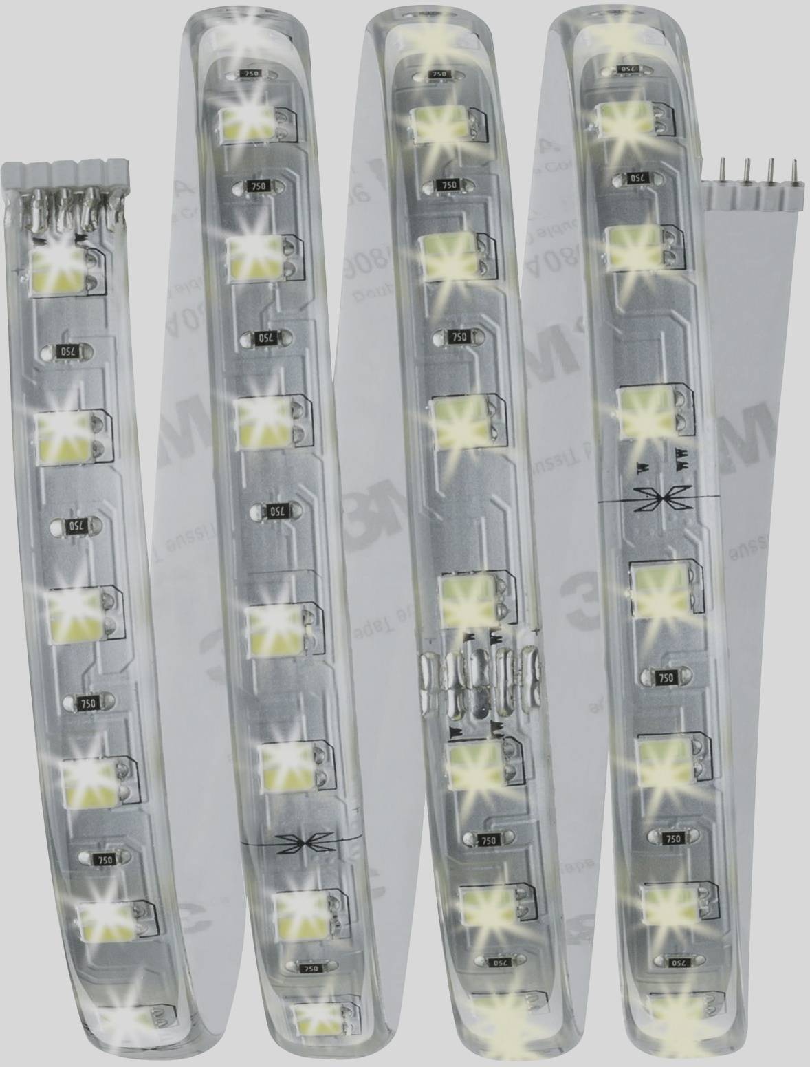 LED pásové svetlá s jasnými bielymi LED diódami rovnomerne rozmiestnenými v pravidelných intervaloch. Pozadie zobrazuje časti elektrických prepojení.