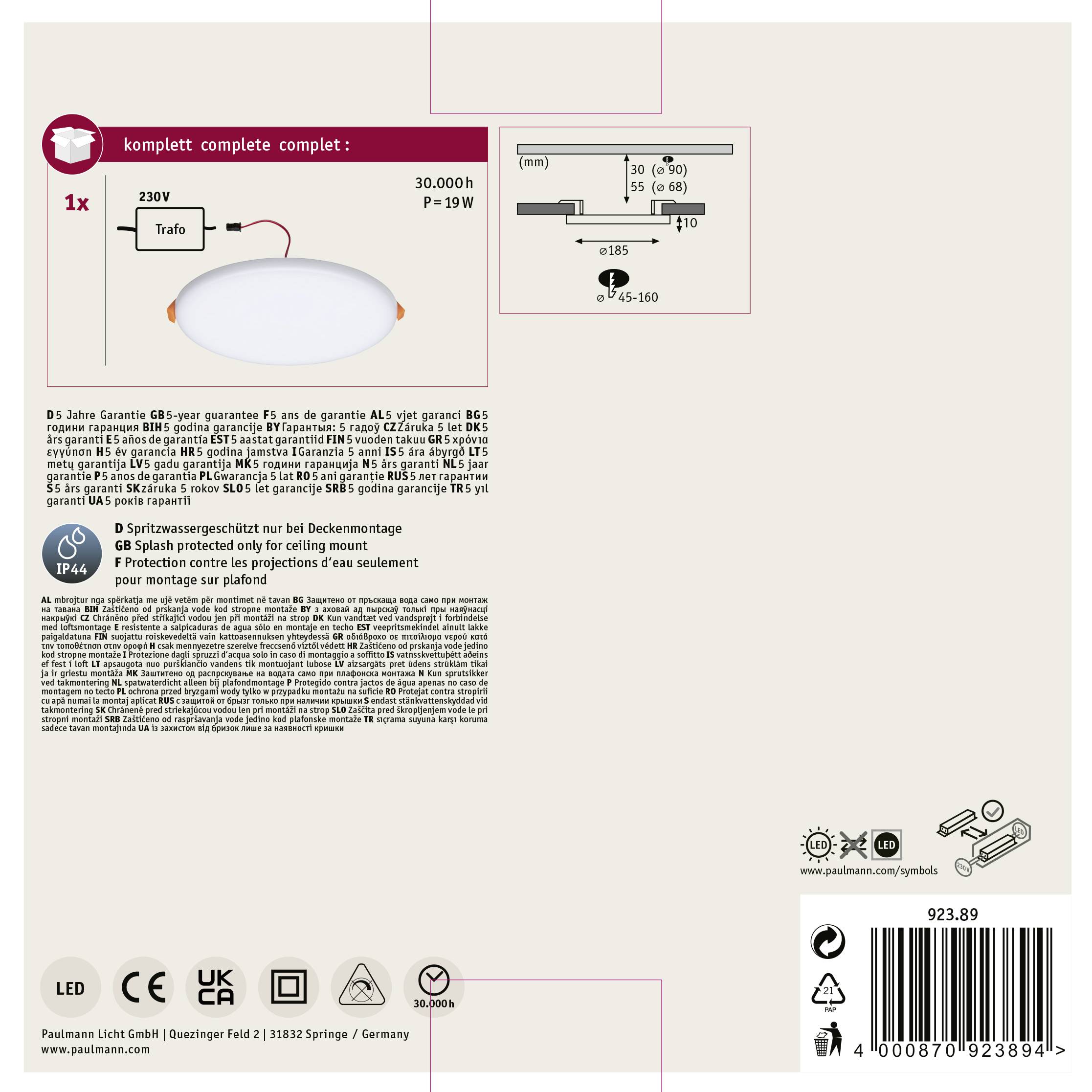 Obal ukazuje stropné svietidlo so spotrebou energie 19 W, vhodné pre 230 V a s výdržou až do 30.000 prevádzkových hodín.
