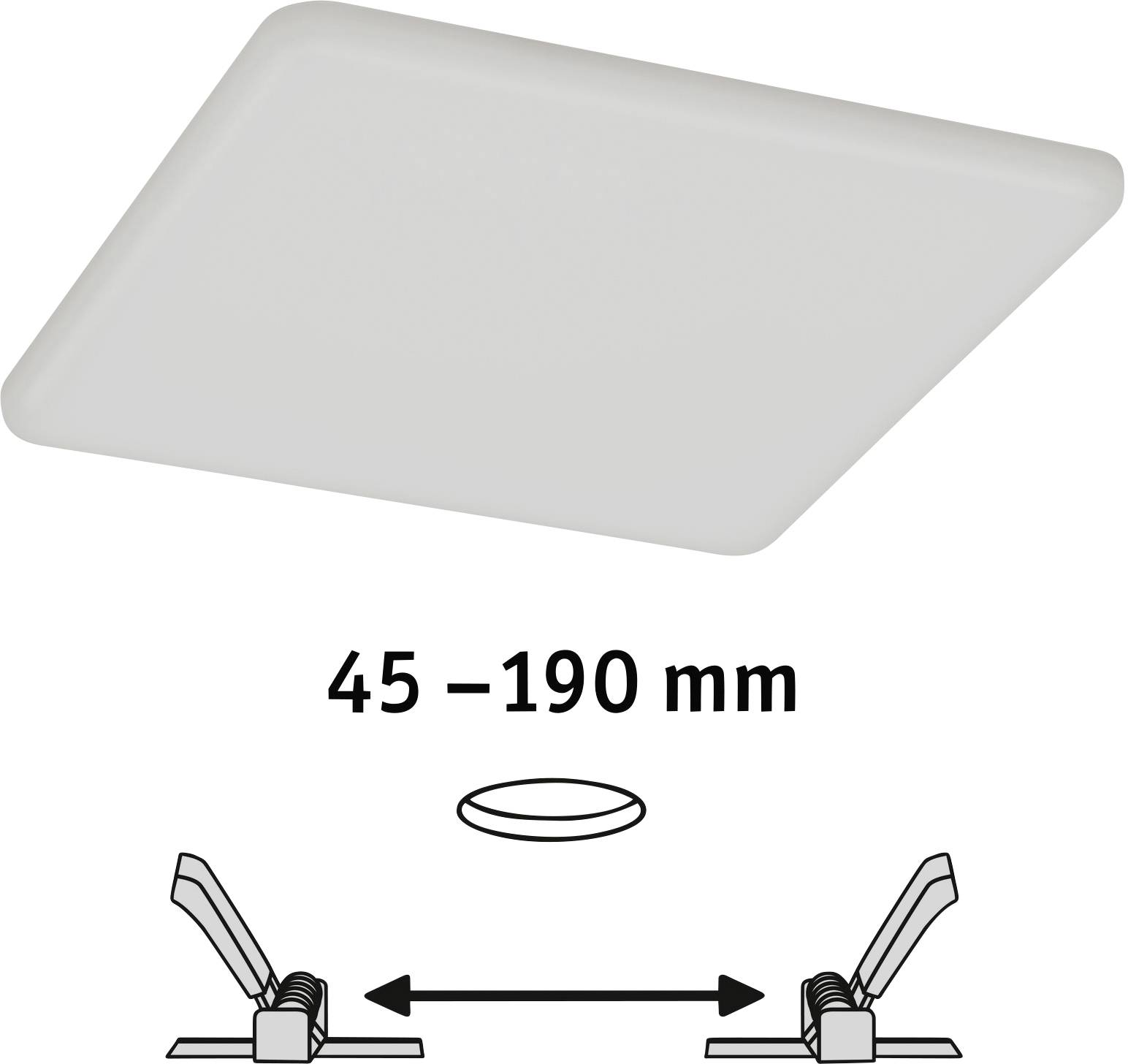 LED stropná zapustená svietidla v štvorcovom tvare, s nastaviteľným odstupom 45-190 mm pre montáž.