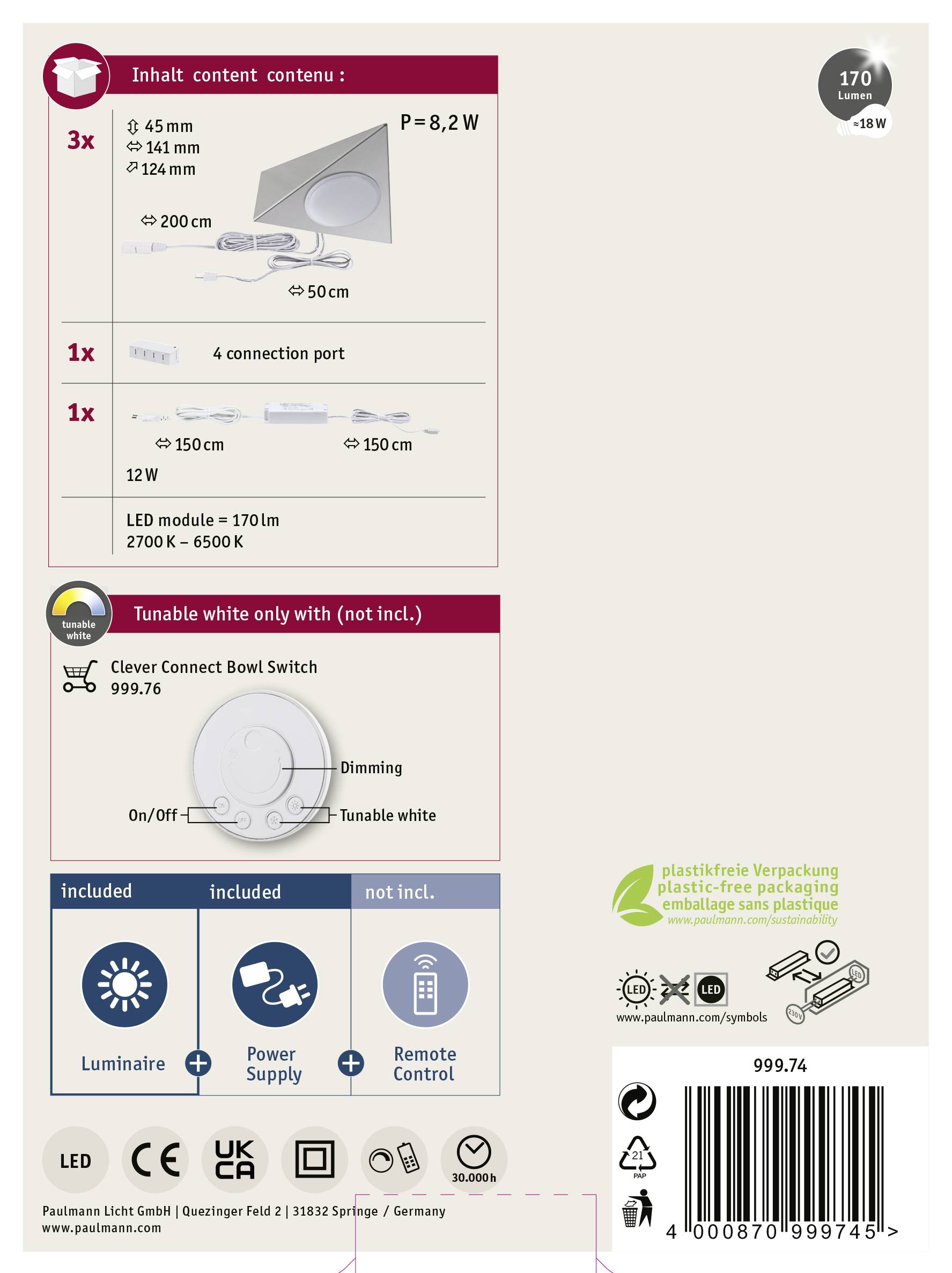 Balenie LED osvetľovacej súpravy s 3 lampami, prípojkami, 1700 lúmenmi. Upozornenie na energeticky úsporný obal a ovládanie.