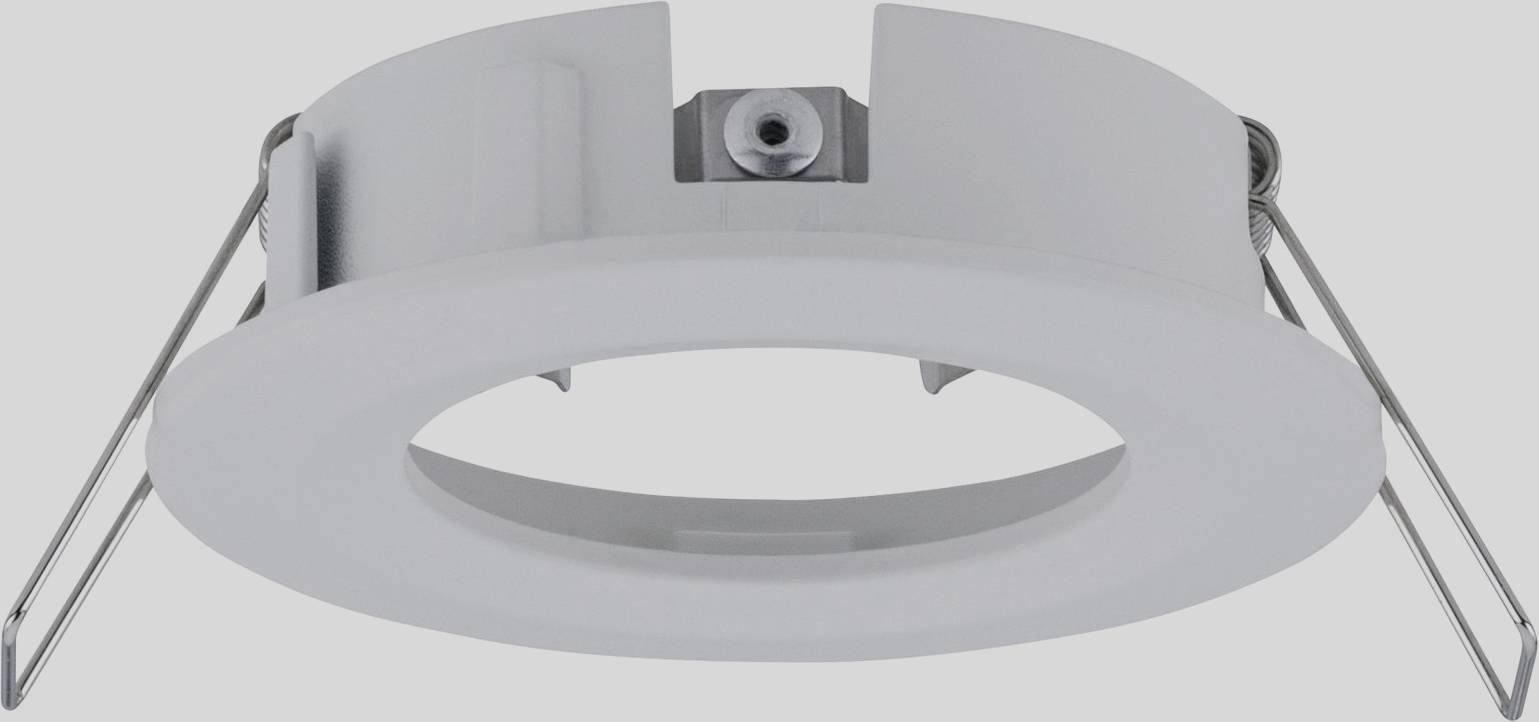Okrúhle biele zapustené LED stropné svietidlo s kovovými svorkami po stranách pre pevnú inštaláciu do stropu.