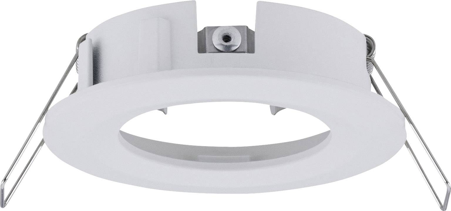 Okrúhly montážny rám z kovu s bielymi okrajmi a pružinovými svorkami na stranách, určený na inštaláciu vstavaných svietidiel.