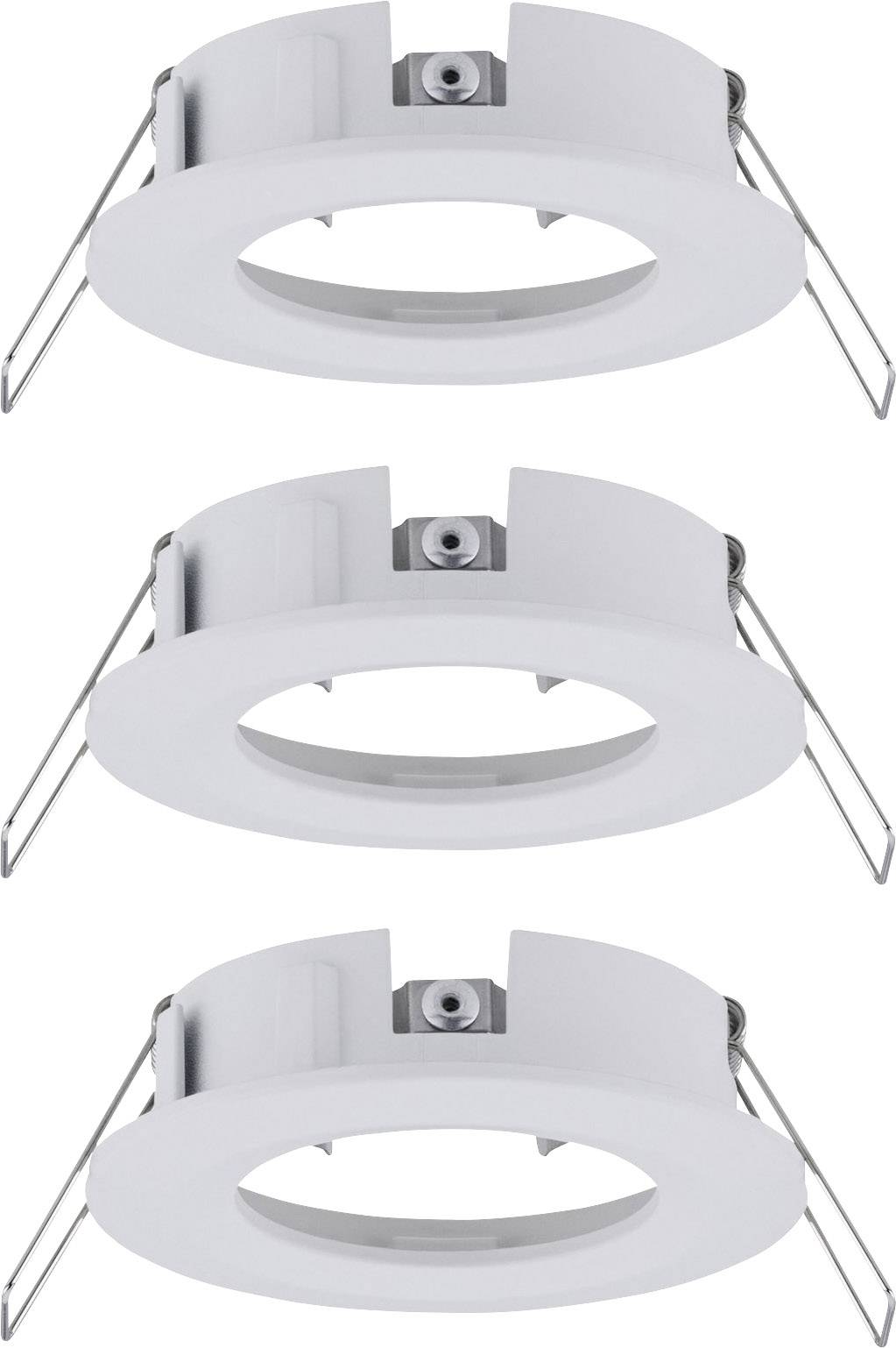 Tri biele, okrúhle LED podomietkové rámčeky s bočnými upevňovacími úchytkami, naukladané na seba, určené na montáž na strop.
