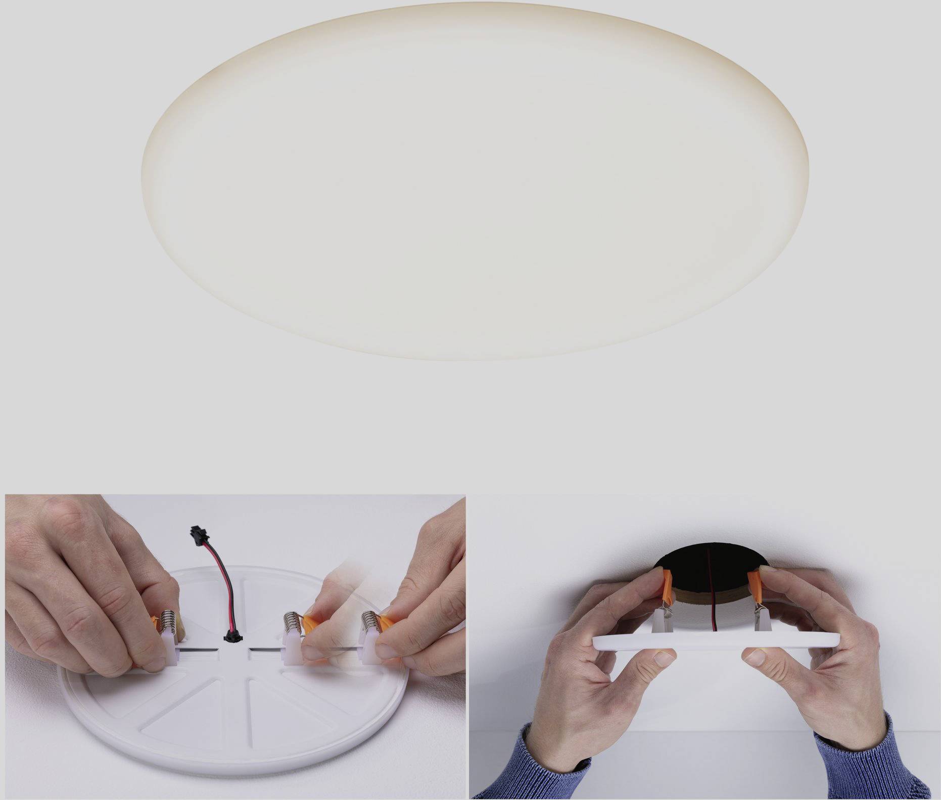 Okrúhle stropné svietidlo sa inštaluje. Hore je svietidlo viditeľné, dole sú káble prepojené svorkami.