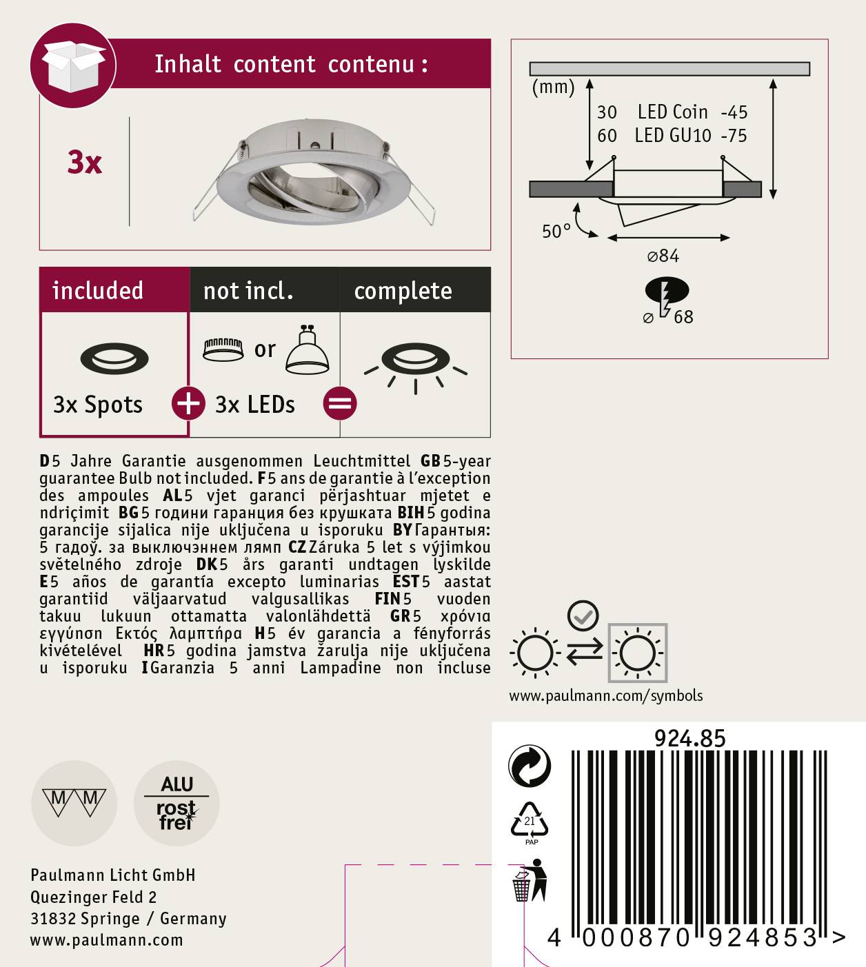 Tri zapustené bodové svetlá s LED a päticou GU10. Vrátane LED žiaroviek. Produkt vyobrazený s technickými špecifikáciami a záručnými informáciami.
