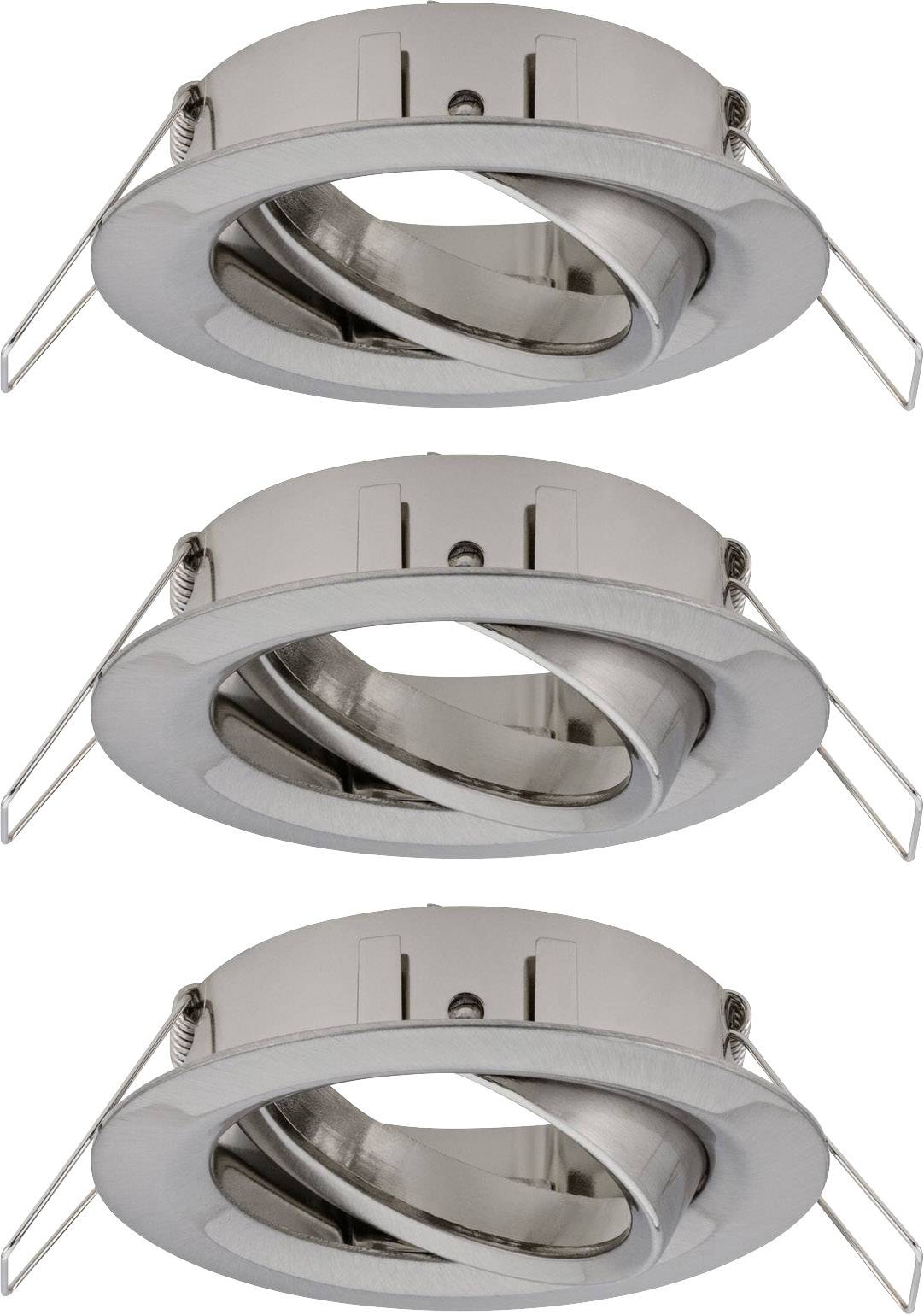 Tri strieborné podhľadové svietidlá s nastaviteľnými lamelami, ktoré je možné namontovať v rôznych uhloch. Ideálne pre cielené osvetlenie.