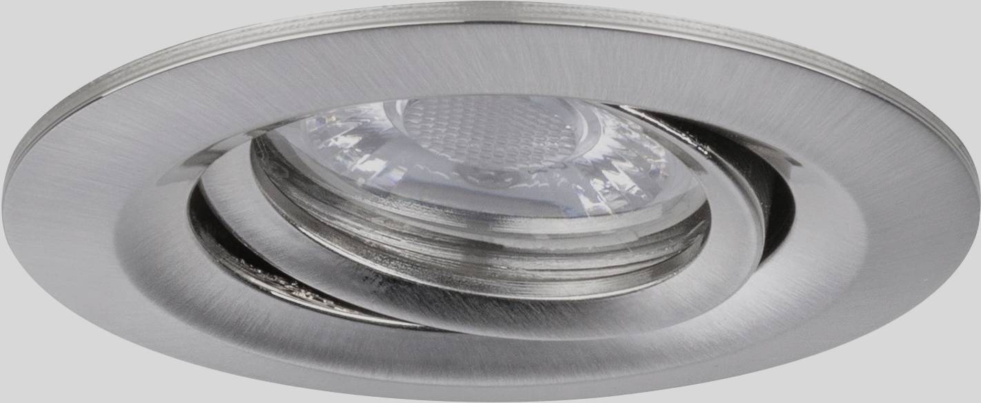 Vstavaná lampa s kruhovým kovovým rámom a centrálnym LED svetlom. Povrch je z brúseného kovu v striebornej úprave.