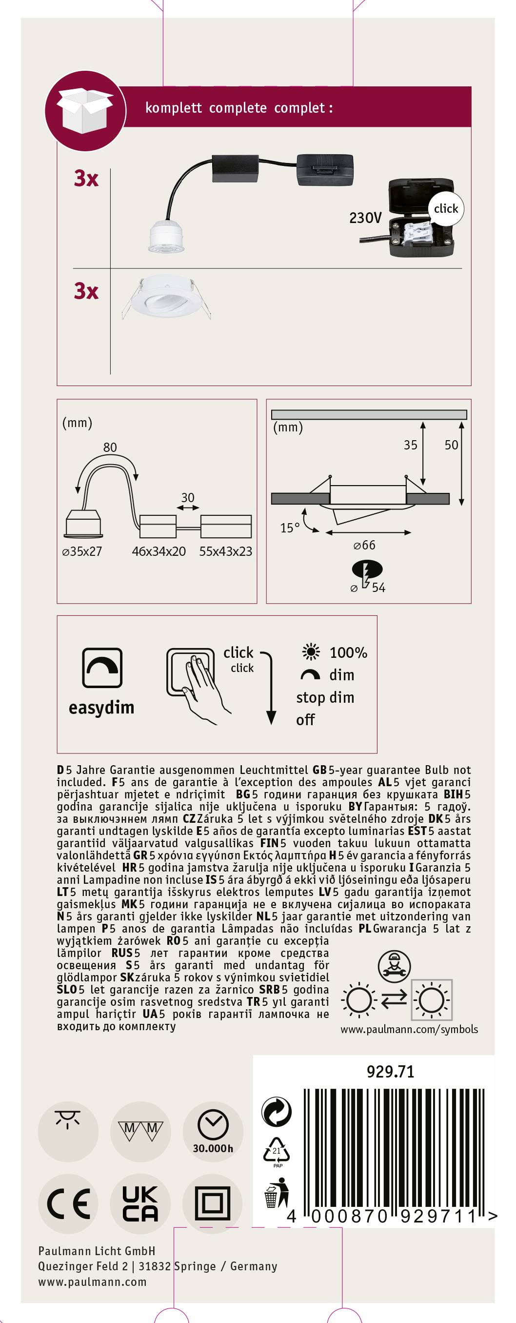 Sada svietidiel s troma bielymi zabudovanými bodovými svetlami, transformátorom a návodom na pripojenie. Podporuje easydim pre stmievateľné osvetlenie.
