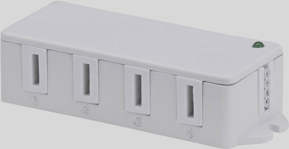 Biele elektrické zariadenie so štyrmi očíslovanými slotmi a zeleným svetlom na vrchu.