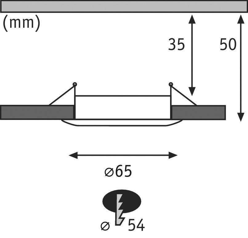 Diagram znázorňuje rozmery vstavaného svietidla: výška 50 mm, hĺbka zabudovania 35 mm, priemer 65 mm. Symboly naznačujú elektrickú opatrnosť.