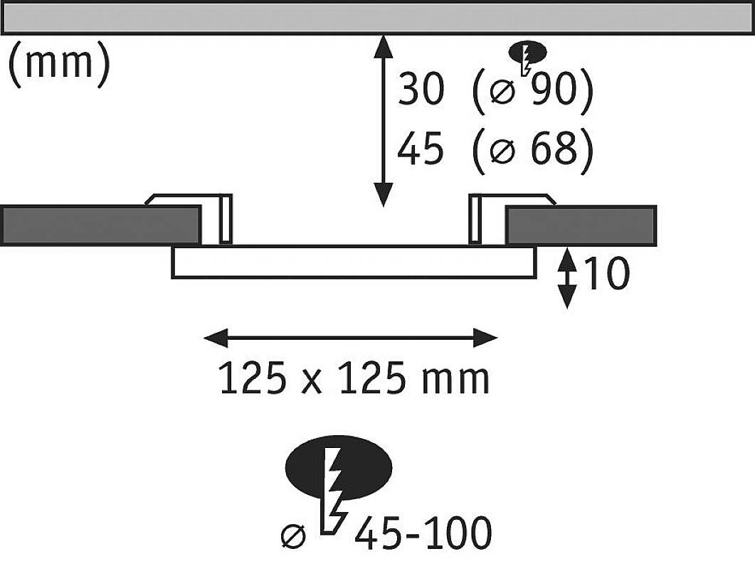 Technický výkres výrezu pre zabudované svietidlo. Rozmery: 30 mm a 45 mm vzdialenosť, šírka 125 x 125 mm, otvor 45–100 mm Ø.