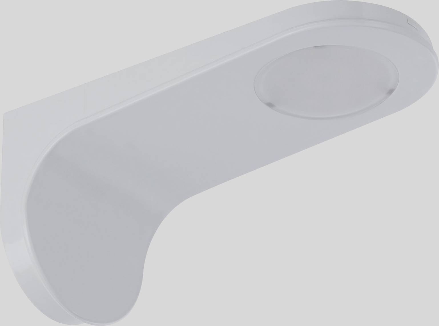 Biela, moderná LED vonkajšia lampa so zaobľovaným dizajnom a kruhovým svetelným výstupom. Vhodná na montáž na stenu v exteriéri.