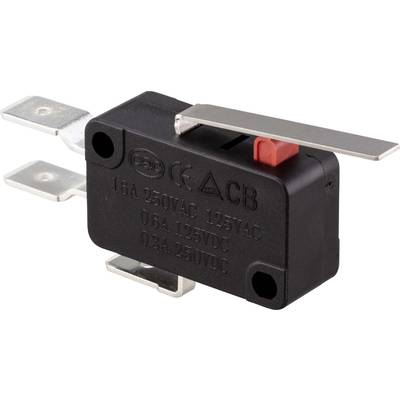 Čierny mikrospínač s kovovým ramenom a červeným tlačidlom, vhodný pre aplikácie 15A 250VAC, 0,6A 125VDC a 0,3A 250VDC.