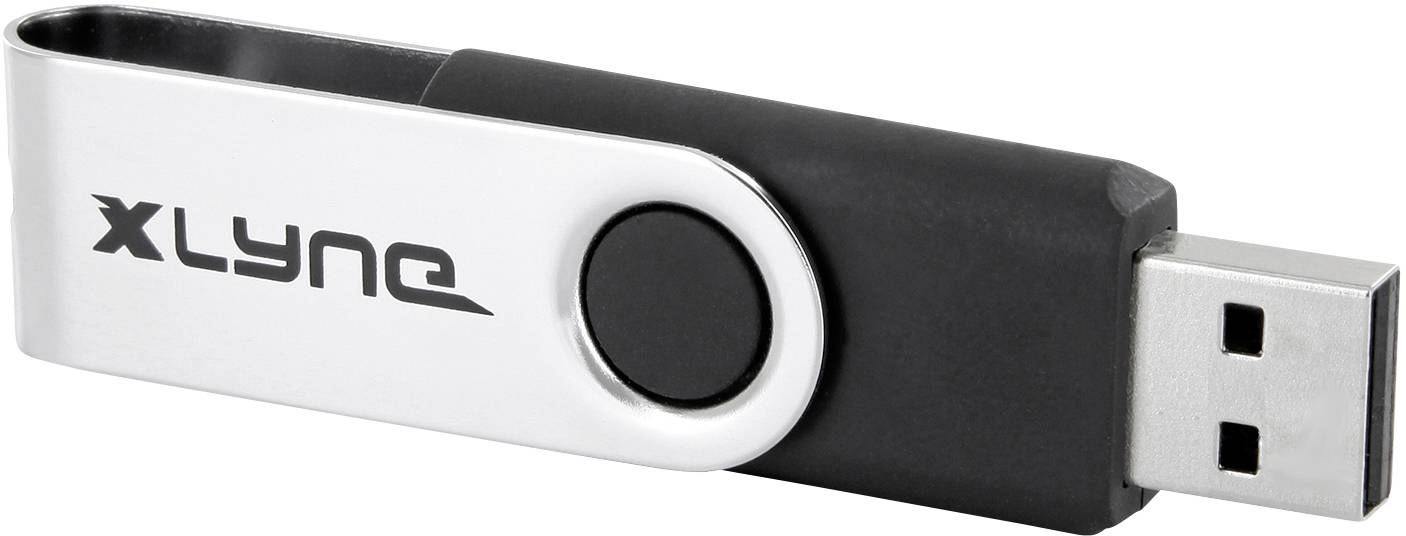 USB kľúč 'Xlyne' s otočným kovovým krytom, čiernym telom a USB portom na pravej strane.