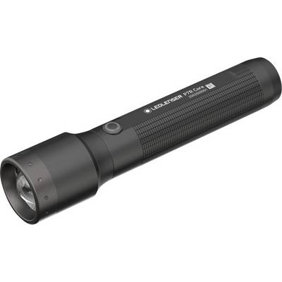 Čierna LED baterka s protišmykovým úchopom, bočným tlačidlom a moderným dizajnom, model 'LED Lenser P17R Core'.