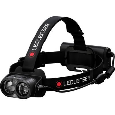 Čelovka s dvoma LED svetlami, nastaviteľným hlavovým pásom a čiernym priestorom na batérie. Firemný nápis 'LEDLENSER' na páse.