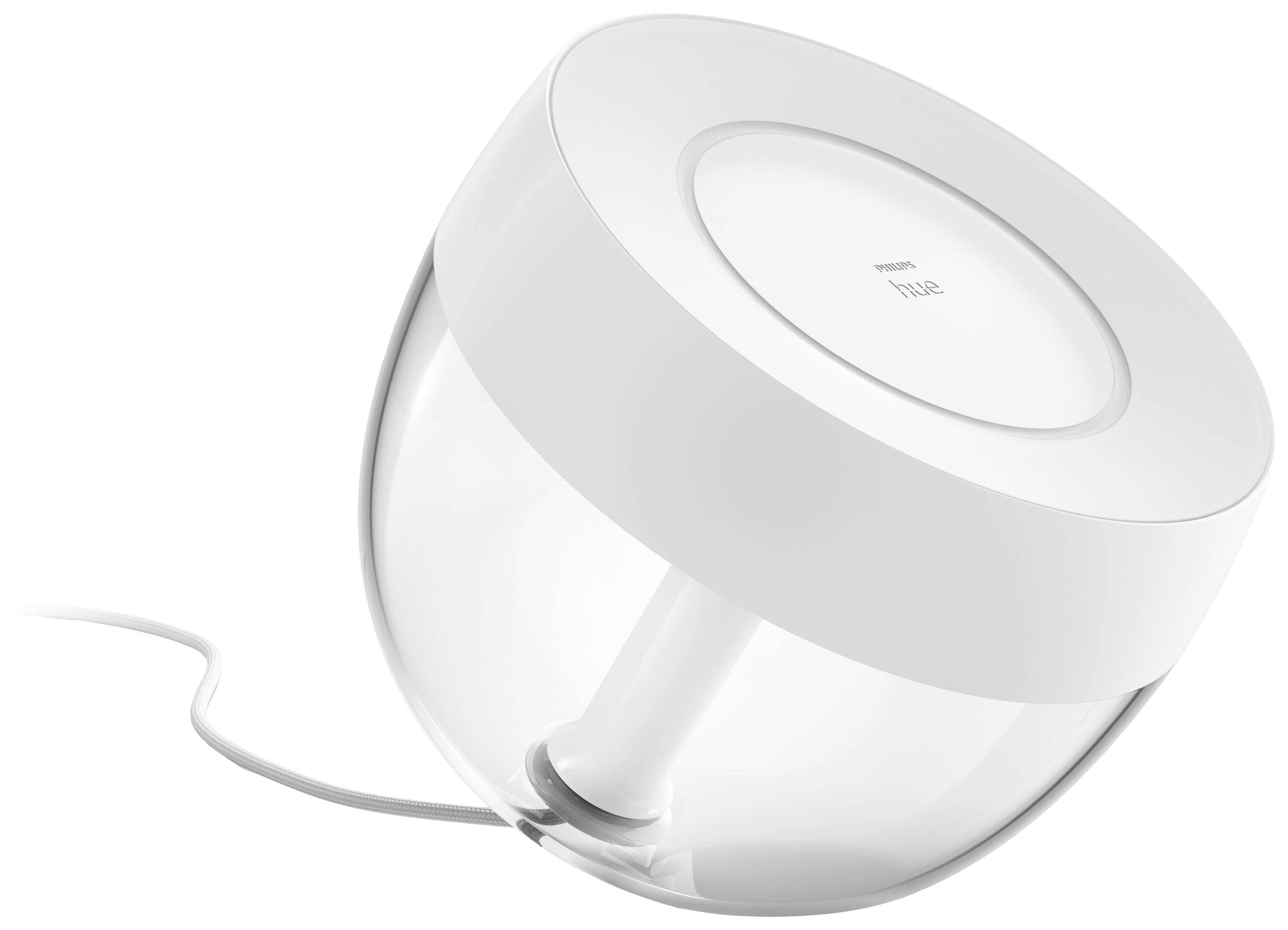 Moderná, okrúhla biela stolná lampa s priehľadným tienidlom, mierne naklonená, vykazuje minimalistický dizajn.