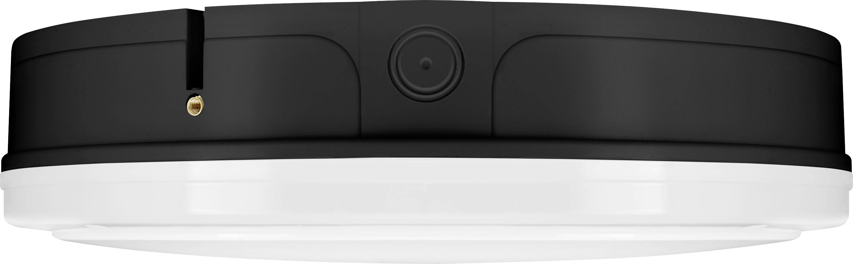 Okrúhle stropné svietidlo v čiernobielom prevedení, čiastočne zobrazené v profile, ukazuje kameru alebo senzor v strede.