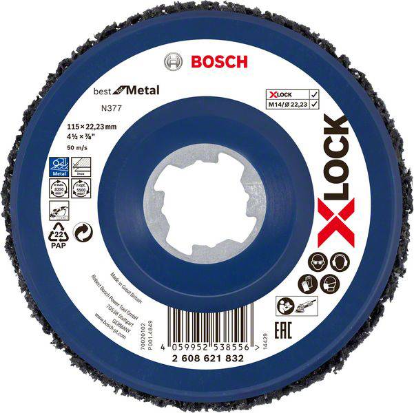 Brúsny kotúč Bosch so systémom upevnenia X-LOCK. Vhodný pre obrábanie kovu. Priemer 115 mm, maximálne 50 m/s.