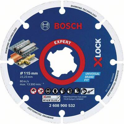 Diamantový rezný kotúč Bosch, modro-biely, pre 115 mm, s otvorom 22,23 mm, vhodný pre kov, univerzálny pre rôzne značky, systém X-LOCK.