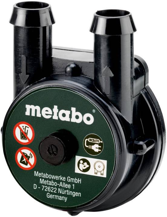 Čierne teleso pumpy alebo ventilátora Metabo s dvoma vertikálnymi prívodmi/výstupmi a zeleným predným štítkom s bezpečnostnými ikonami a názvom spoločnosti.