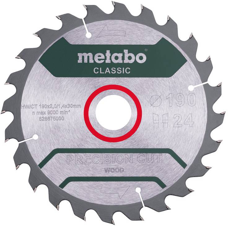 Metabo Classic presnostná okružná píla na drevo s priemerom 190 mm a 24 zubami vyznačenými na pile, zobrazená spredu.