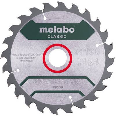 Metabo Classic presnostná okružná píla na drevo s priemerom 190 mm a 24 zubami vyznačenými na pile, zobrazená spredu.