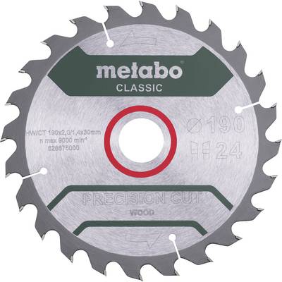Strieborný kotúč pílového kotúča značky 'metabo' na drevo, s nápisom 'CLASSIC' a 'PRECISION CUT' pre presné rezy.