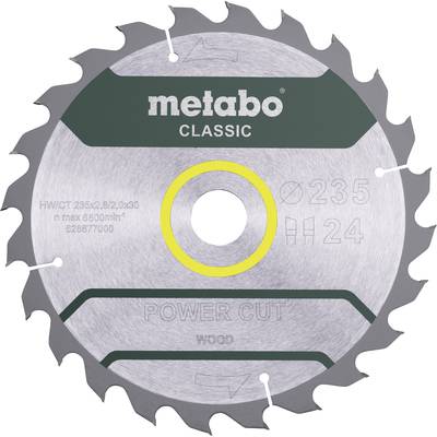 Kovový kotúč do píly s nápisom 'Metabo Classic', vhodný na drevo. V strede má žltý kruh.