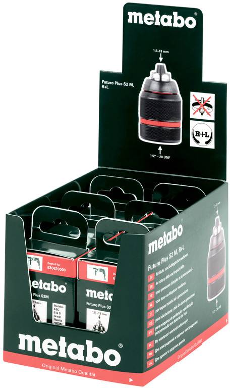 Displej krabice vŕtacích skľúčov Metabo, zobrazujúci viacero zabalených produktov Futura Plus S2 M, R+L v maloobchodnom kartónovom stojane.