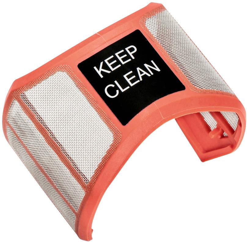 Červený filter s čiernou nálepkou, na ktorej je napísané 'KEEP CLEAN'; dizajn pre vysávač alebo podobné zariadenia.