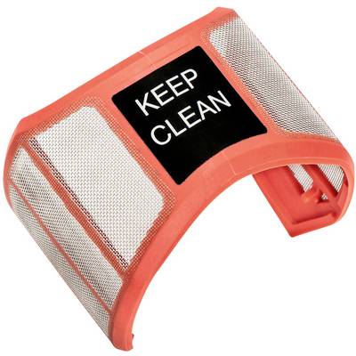 Červený filter s čiernou nálepkou, na ktorej je napísané 'KEEP CLEAN'; dizajn pre vysávač alebo podobné zariadenia.