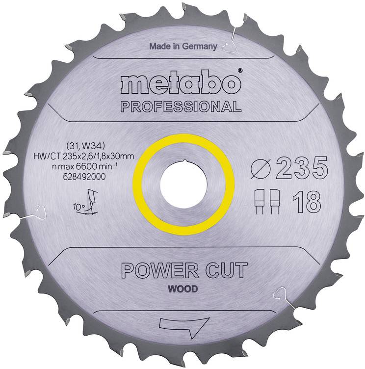 Profesionálny rezací list Metabo Power Cut na drevo, priemer 235 mm s 18 zubami a otvorom 30 mm, zobrazený zpredu.