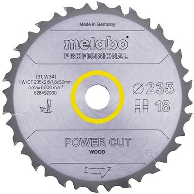 Profesionálny rezací list Metabo Power Cut na drevo, priemer 235 mm s 18 zubami a otvorom 30 mm, zobrazený zpredu.