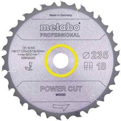 Kotúč píly značky Metabo Professional, model Power Cut na drevo, priemer 235 mm, 18 zubov, maximálne otáčky 6600/min.
