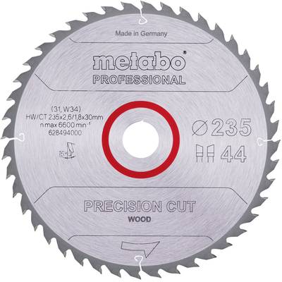 Pílový kotúč na drevo, značka 'metabo Professional', priemer 235 mm, 44 zubov, maximálne otáčky 6600 ot/min.