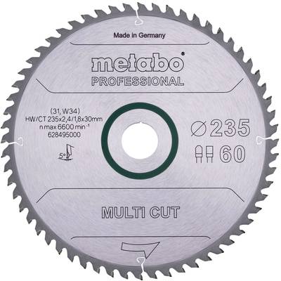 Pílový list s nápisom 'Metabo Professional', priemer 235 mm, 60 zubov, 'Multi Cut', vhodný na drevo a plasty.