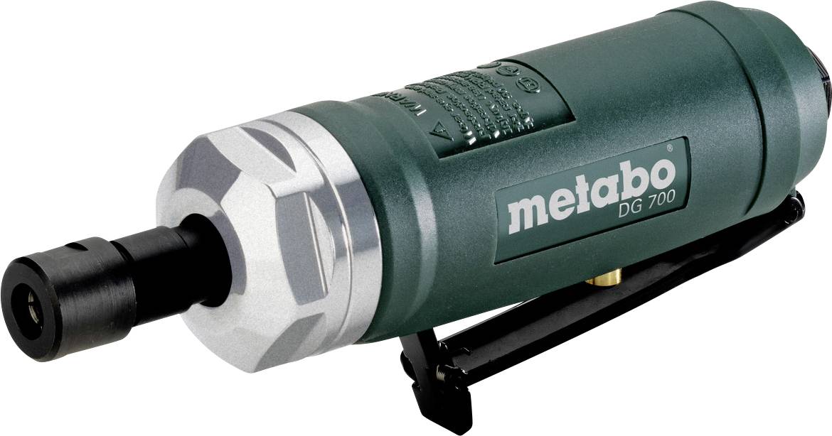 Metabo DG 700 pneumatická brúska s valcovým upínačom v čiernej farbe a striebristým predným krytom na bielom pozadí