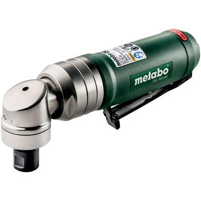 Zelená pneumatická brúska značky Metabo, model DG 700-90, s kovovým krytom a nálepkami, zobrazuje bezpečnostné a produktové informácie.