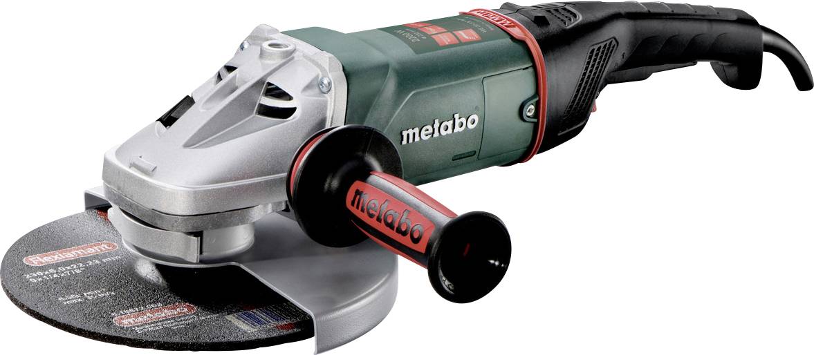 Metabo prenosná uhlová brúska so postranným rukoväťou a rezacím diskom, zobrazená v profile na bielom pozadí.